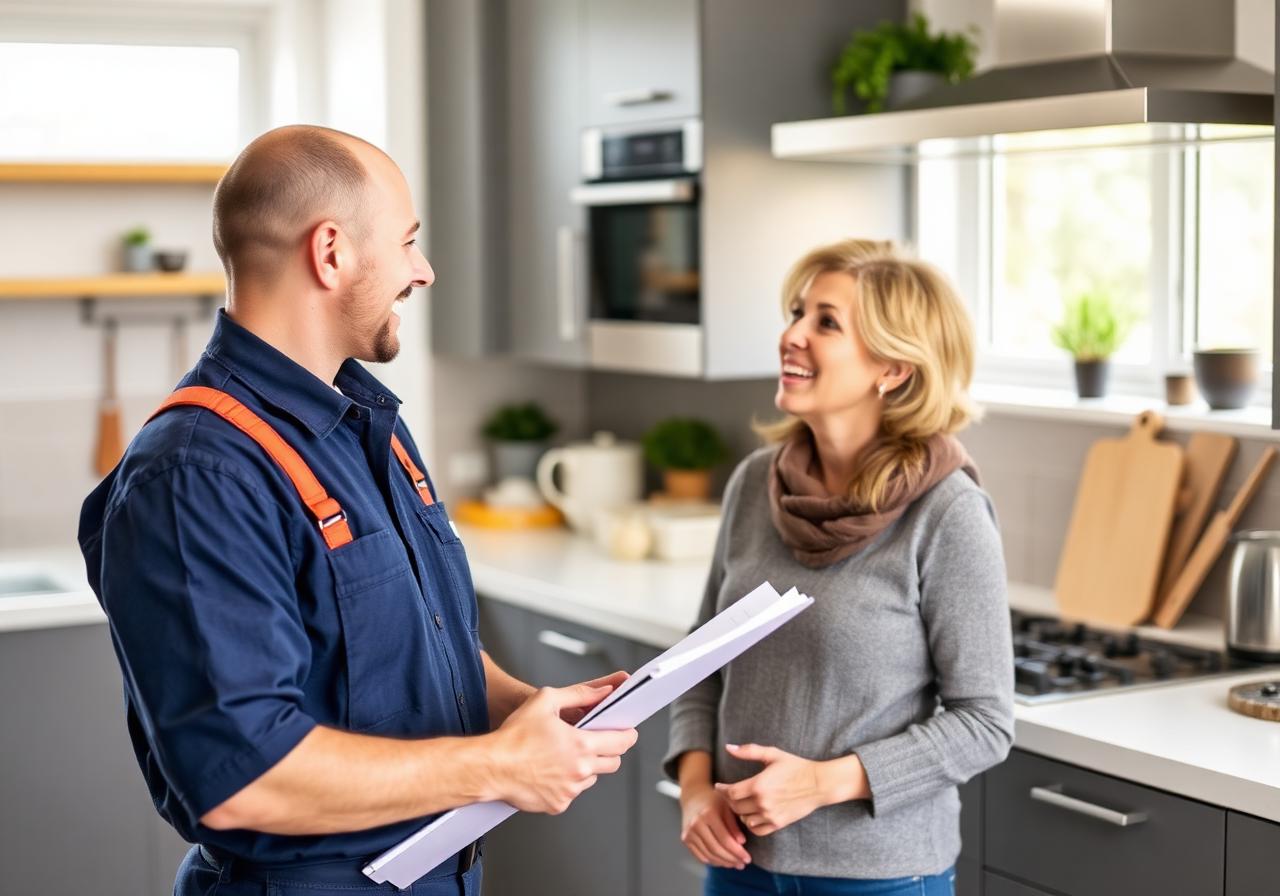 Web Design Barry — British plumber discussing work with a happy client in a Barry home